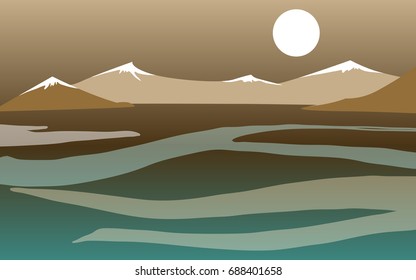 Flat vector landscape with mountains, water and moon/sun