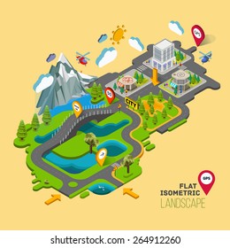 Flat vector landscape with a picture of the nature and landscape of mountains and lakes, road junction GPS navigation infographic 3d isometric concept.