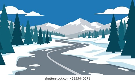 flat vector landscape showing a long winding asphalt highway through snowy mountain ranges and evergreen pine forest for winter adventure and travel design
