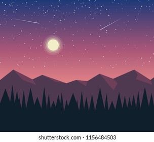 Flat vector landscape with silhouettes of mountains and forest at night. Simple illustration of beautiful nature under the stars. Outdoor view in moonlight. Editable background or banner for website
