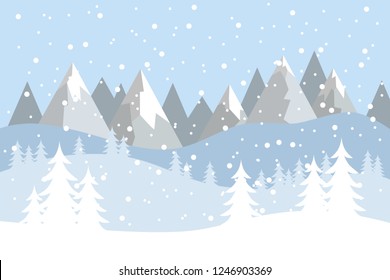 Flat vector landscape with silhouettes of trees, hills and mountains with falling snow.