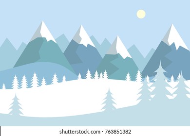 Flat vector landscape with silhouettes of trees, hills and mountains with falling snow.