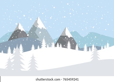 Flat vector landscape with silhouettes of trees, hills and mountains with falling snow.