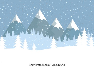 Flat vector landscape with silhouettes of trees, hills and mountains with falling snow.