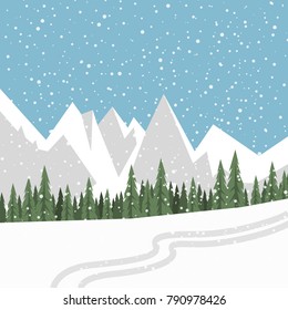 Flat vector landscape with silhouettes of trees, hills and mountains with falling snow.