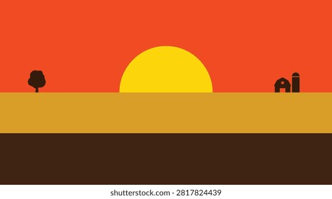 Flat vector landscape with sunset over rural farm field landscape building