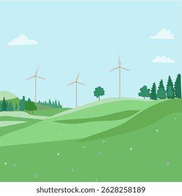 Paisagem vetorial plana com turbinas verde grama céu azul, conceito de doodle