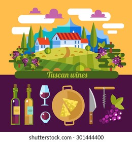 Flat vector landscape Tuscany and wine elements.