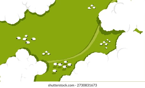 Flat vector landscape with white sheep grazing on a green field. Top-down view with abstract trees and a light path. Calm rural scene, ideal for nature and farm-themed design.