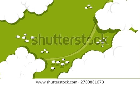 Flat vector landscape with white sheep grazing on a green field. Top-down view with abstract trees and a light path. Calm rural scene, ideal for nature and farm-themed design.