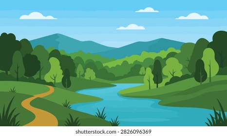 Flat vector landscape with winding path river and mountains landscape peaceful