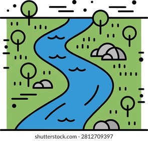 Flat Vector Landscape with Winding River and Minimalist Trees