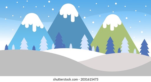 flat vector landscapes, mountains and pine tree with falling snow