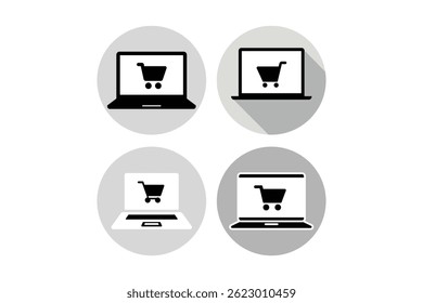 Flat Vector of Laptop Buying Cart Icon Sets, laptop shopping cart icon, online laptop buying vector, laptop checkout cart icon