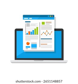 Flat vector of a laptop showing colorful analytics dashboard with bar, line, and pie charts. Clean, modern UI on white background.

