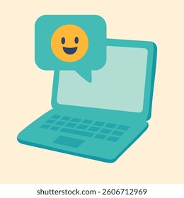 Flat vector of laptop and smiling emoji in chat bubble, symbolizing friendly and happy online messages.
