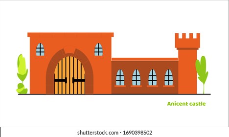 Flat vector large fairy tale castle. Medieval palace with high tower and large gate.