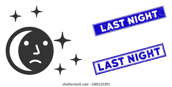 Flat vector last night icon and rectangular Last Night stamps. A simple illustration iconic design of Last Night on a white background. Blue Last Night stamps with scratched textures.
