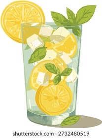 Vidro de limonada vetorial plano com fatias de limão e hortelã
