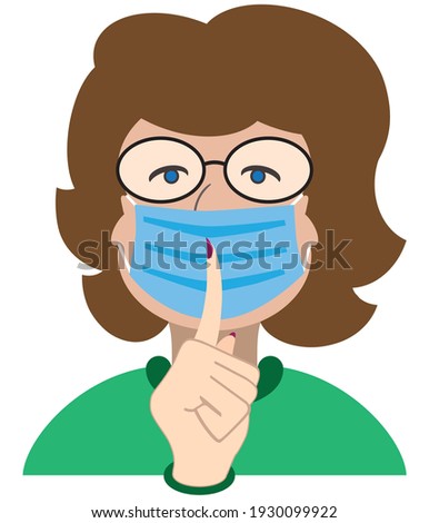 A flat vector librarian in a face mask is admonishing patrons to be quiet