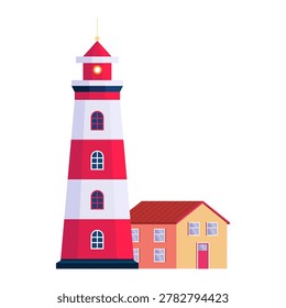 Flat vector lighthouse with coastal house illustration. Nautical seaside building in modern maritime style.