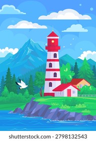 Flat vector lighthouse landscape with mountains, pine forest, lake and countryside houses. Bright outdoor nature scene.