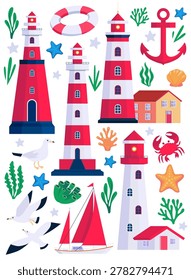 Flat vector lighthouse and seaside collection with sailboat, seagulls and marine elements. Bright nautical set in modern style.