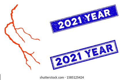 Flat vector lightning pictogram and rectangle 2021 Year seals. A simple illustration iconic design of Lightning on a white background. Blue 2021 Year rubber seals with distress surface.