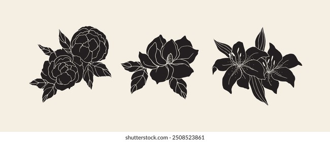 Flat vector lily, peony, camellia flowers