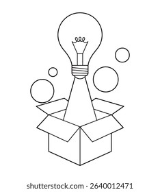 Flat Vector Line Art of Startup Concept with Lightbulb Rocket Launching from Cardboard Box on White Background
