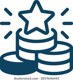 A flat vector line icon displaying a stacked pile of metallic coins surmounted by a large star symbol surrounded by decorative light sparkles to indicate achievement progress or bonus point accumulation.