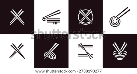 Flat vector line icons depicting proper and improper use of chopsticks, showing various dining rules for Asian cuisine dishes like sushi and ramen.