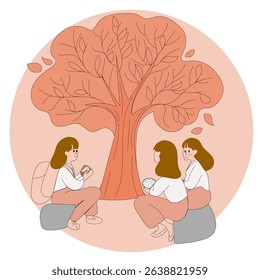 Flat vector line illustration, group of students having bento lunch under tree, falling leaves, line art simplicity