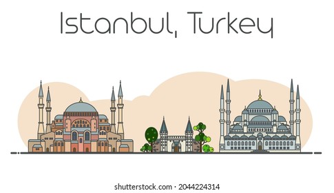 Flache Vektorgrafik von Istanbul, türkisches Stadtbild. Bekannte Wahrzeichen, Sehenswürdigkeiten und Design-Symbole einzeln auf abstraktem weißem und beigem Hintergrund