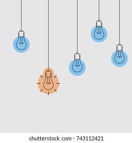 Flat Vector Line Illustration of  Light Bulbs Hanging from Above 