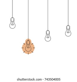 Flat Vector Line Illustration of  Light Bulbs Hanging from Above on a White Background
