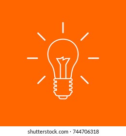 Flat Vector Line Illustration of a Shining Light Bulb on Orange Background