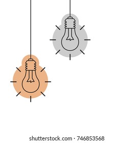 Flat Vector Line Illustration of Shining Light Bulbs Hanging from Above 