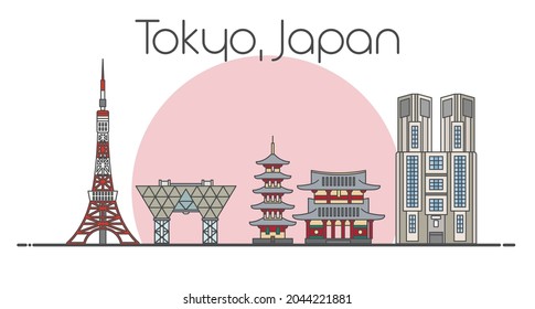 Flat vector line illustration of Tokyo, Japan cityscape. Famous landmarks, city sights and design icons isolated on white and pastel pink background