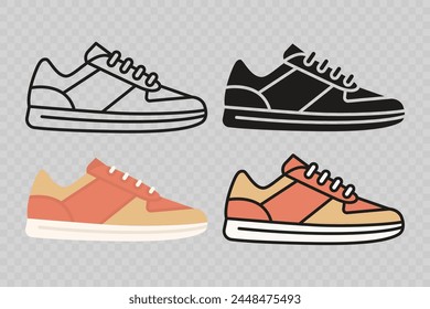 Flache Vektorgrafik Lineare männliche und weibliche Schuhe Icon Set isoliert. Sneakers, Schuhfarbensymbol-Set, Design-Vorlage, Clipart. Vektorillustration