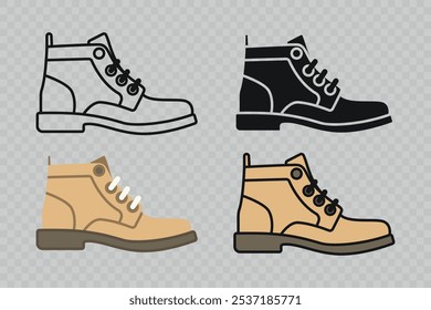 Flat Vetor Linear Masculino e Feminino Ankle Boots Icon Set Isolado. Botas, Conjunto de símbolos de cor de calçado, Modelo de design, Clipart. Ilustração de vetor