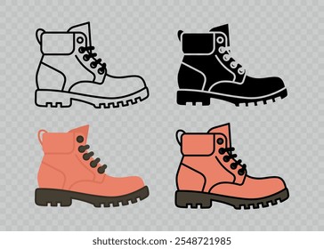 Flacher Vektor Linear Männlich und Weiblich Knöchelstiefel Symbolsatz isoliert. Stiefel, Schuhe Farbsymbol-Set, Design-Vorlage, Clipart. Vektorgrafik