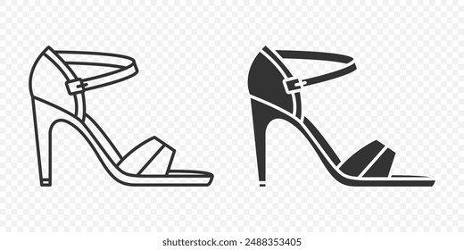 Flat Vector Linear and Silhouette High-heeled Sandals Icon Set Isolated. Footwear Symbol Set, Design Template, Clipart. Vector Illustration