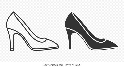 Flacher Vektor linear und Silhouette Stöckelschuh mit hohen Absätzen, Absätze, Pumps Symbolsatz isoliert. Schuhe Symbol Set, Design Template, Clipart. Vektorgrafik