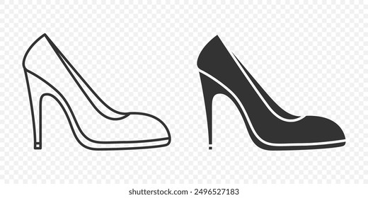 Flacher Vektor linear und Silhouette Stöckelschuh mit hohen Absätzen, Absätze, Pumps Symbolsatz isoliert. Schuhe Symbol Set, Design Template, Clipart. Vektorgrafik