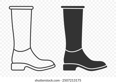 Vector plano Lineal y silueta masculino y femenino de alta botas Icon Set aislado. Conjunto de símbolos de calzado, Plantilla de diseño, Clipart. Ilustración vectorial