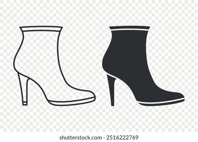 Flat Vector Linear and Silhouette Women s Ankle Boots with Stiletto Heel Icon Set. Fashion Footwear Symbol Collection, Design Template, Clipart. Vector Illustration