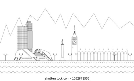 Flat vector linear Sochi city panorama. Football championship 2018 host. TV tower, football arena, gothic style railway station, . 