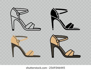 Flat Vector Linear Women's High-Heeled Sandals Icon Set Isolated. Sandals, Footwear Color Symbol Set, Design Template, Clipart. Vector Illustration