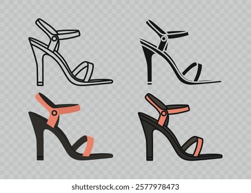 Flat Vector Linear Women's High-Heeled Sandals Icon Set Isolated. Sandals, Footwear Color Symbol Set, Design Template, Clipart. Vector Illustration